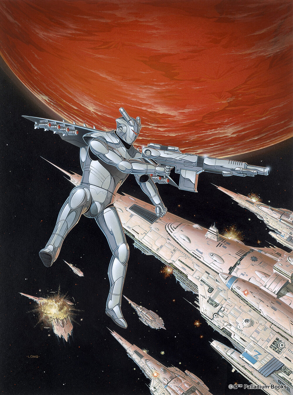 cover artwork for phase world sourcebook, features a robot power armor in space with a gun and wings, behind it, space ships enter the frame as they enter orbit over a red planet