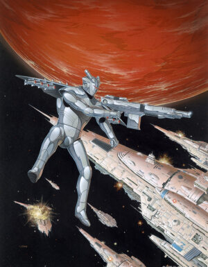 cover artwork for phase world sourcebook, features a robot power armor in space with a gun and wings, behind it, space ships enter the frame as they enter orbit over a red planet