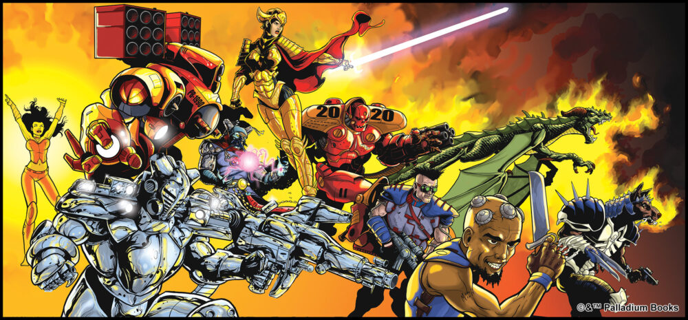 a color poster of the RIfts 20 year anniversary Poster. It features a glitter boy, crazy, borg, burster and other heroes