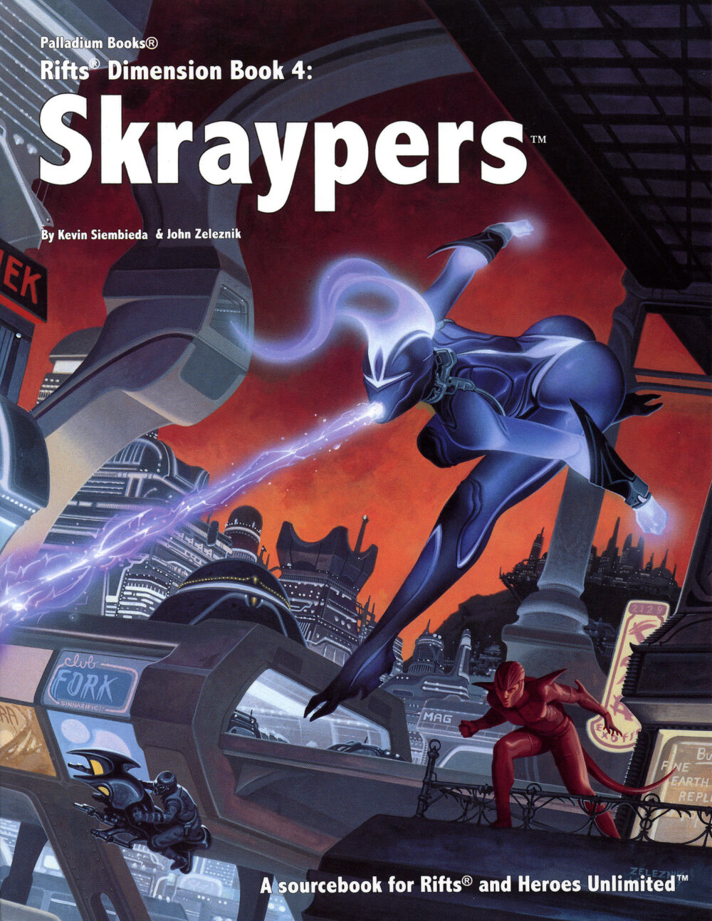 The cover of Rifts Dimension Book 4 Skraypers, it shows a skrayper super hero firing an energy beam firing out of her mouth as another man in red sneaks up behind her