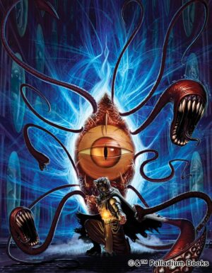 Rifts Ultimate edition cover artwork, shows a ley line walker casting a spell as a demonic tentacled alien tries to come through the rift behind him