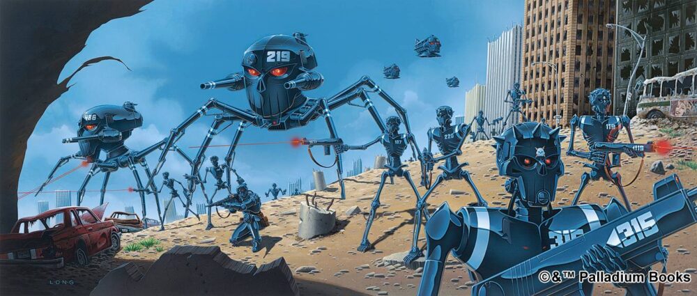 coalition forces (a spider skull walker, skelebots, and soldiers) attacking a city