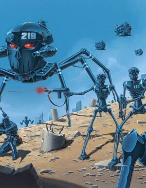 coalition forces (a spider skull walker, skelebots, and soldiers) attacking a city