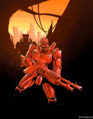 The cover of the Rifts Bionics Sourcebook, the classic picture of a red cyborg with a huge gun