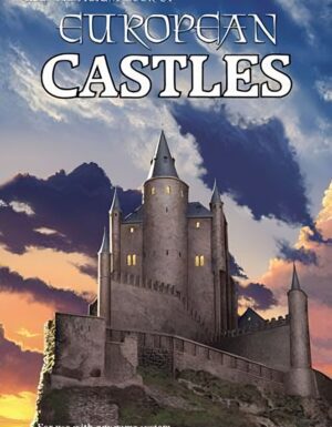 European Castles book cover, a picture of a castle in front of a sunset sky