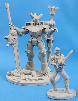 Rifts Glitter Boy with a large chainsaw sword and Pilot who also has a chainsaw Miniature set